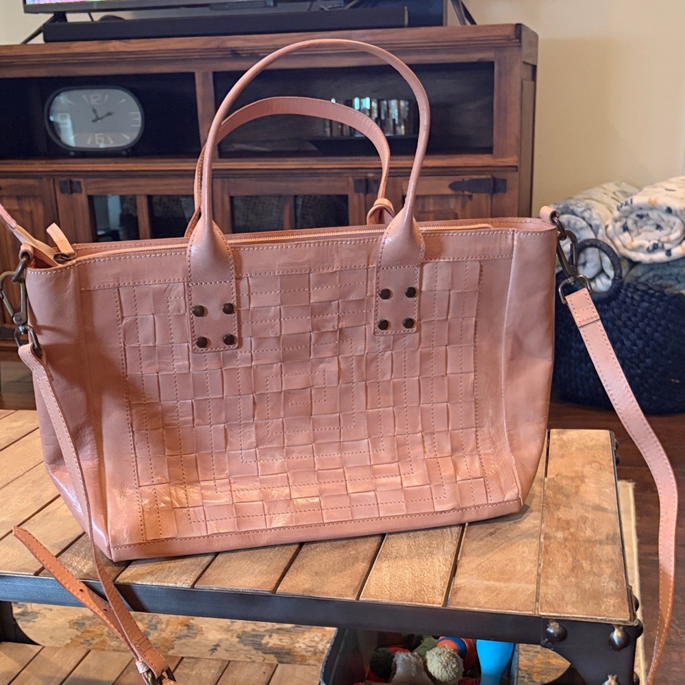 Woven Pink Leather Tote with Detachable Strap